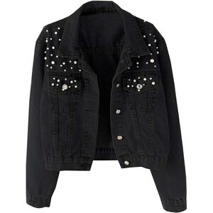 Kedera Women's Oversized Denim Jacket Embroidered Pearls‎ Beading Jeans Coat (S)